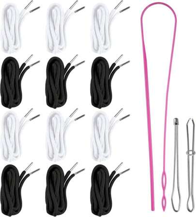 BEVTEE 12 Pcs Drawstring Cord, 60 Inch Hoodie String Replacement, Draw String With Threader Tool For Sweatpants Pants (Black/White)