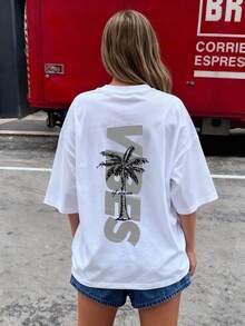 女士时尚夏季圆领短袖T恤，柔软舒适，休闲百搭。印花图案灵感源自度假风情的棕榈树和英文字母，散发青春活力。适合度假、跑步、休闲、聚会、派对等各种场合。宽松的街头风设计，也适合户外穿着，是夏季穿搭的理想之选。 - 白色 - 查看 7