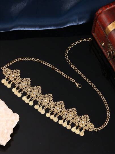 1pc Vintage Elegant Women's Head Chain, Carved Intricate Pattern & French Coin Pendant, Jewelry Headpiece For Wedding, Party, Holiday