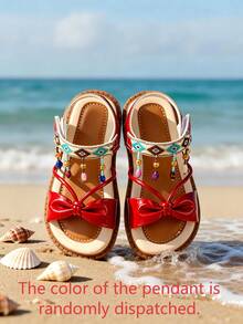 2026 Spring Summer Holiday Couture Edition Metallic Gold Color Geometric Embroidery Strap Random Mystery Box Pendant Decor Elastic Heel Strap Skin-Friendly Soft Lining Non-Slip Beach Tread Sole Open Toe - Red - View 3