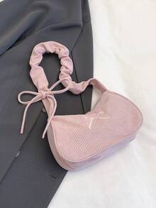 1pc Solid Color Corduroy Material Zipper Closure Fashionable Shoulder Handbag - Watermelon Pink - View 3