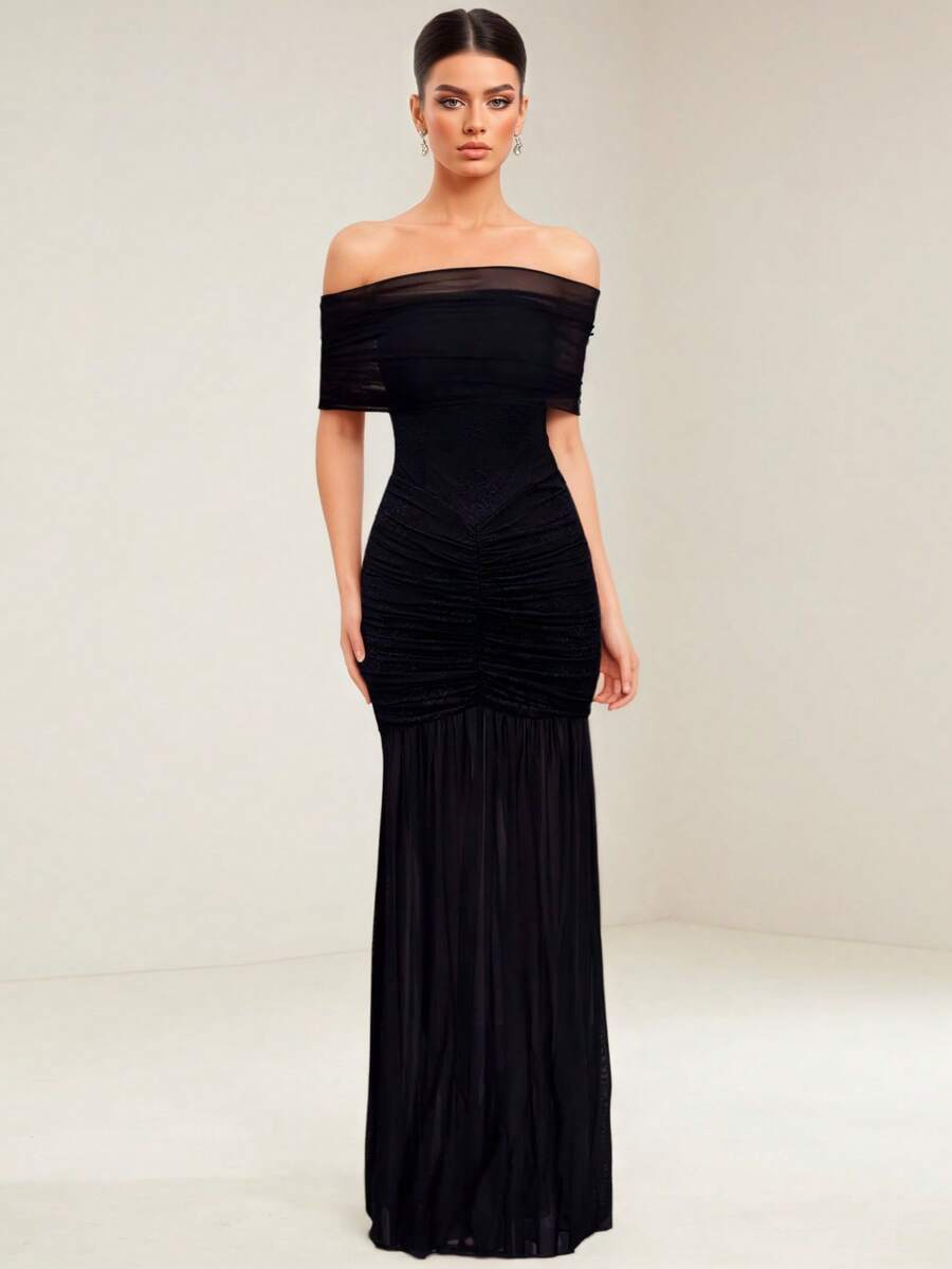 UNITHORSE Off-Shoulder Short Sleeve Cinched Waist Mesh Formal Evening Dress - Black - View 1