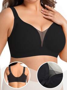 Plus Size Soft Support Wireless Bra, Seamless Lace Patchwork Bra For Women - Black - View 1