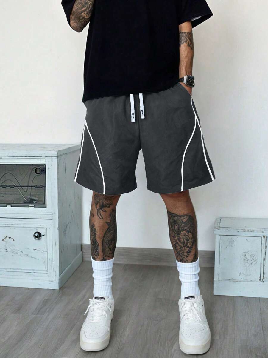 男士休闲撞色滚边斜插口袋抽绳腰短裤 - 深灰色 - 查看 1