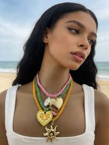 ZA 女士彩色多层项链 - 编织绳珐琅吊坠 | 柠檬心形雏菊旭日图案 | 情人节礼物 海滩度假配饰