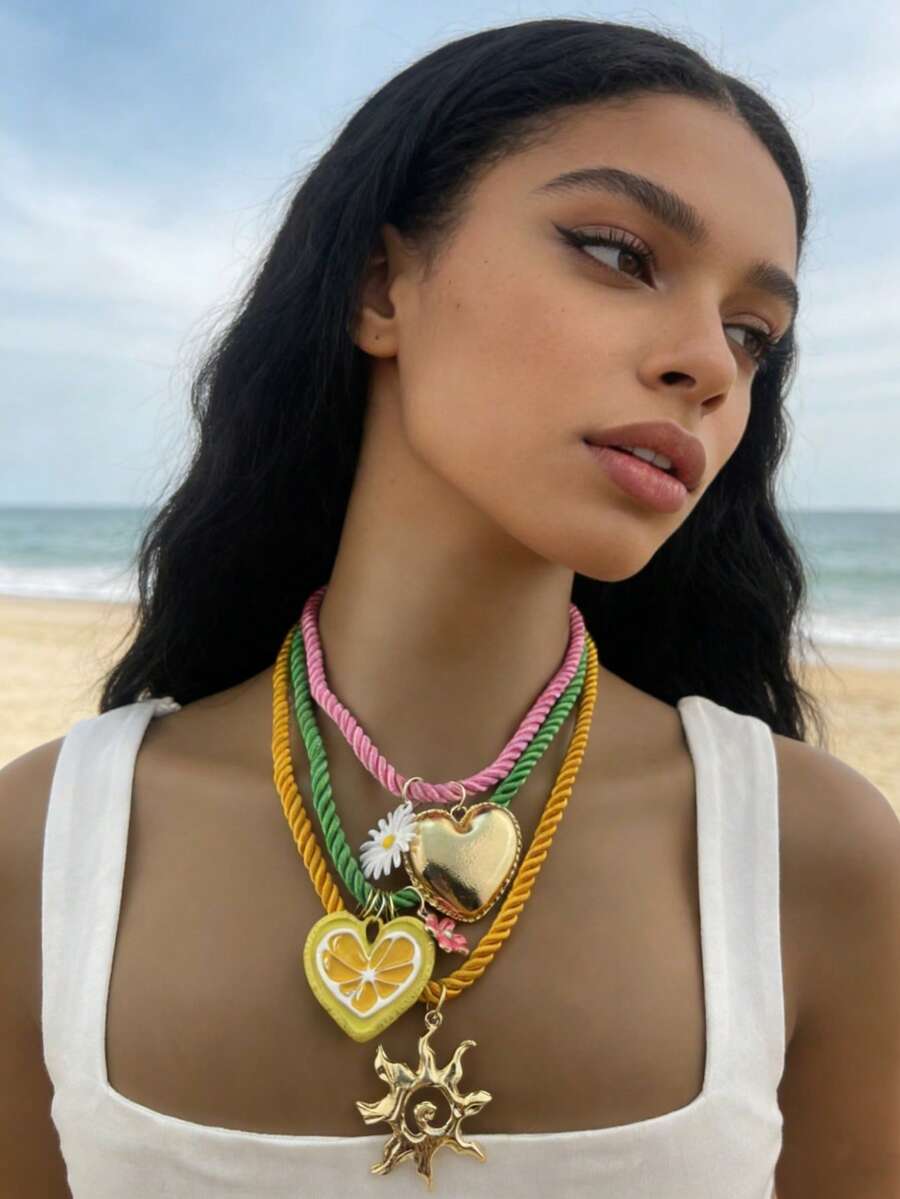 ZA Colorful Multi-Layer Necklace For Women - Braided Cord Enamel Pendants | Lemon Heart Daisy Sunburst | Valentine's Day Gift Beach Vacation Accessory