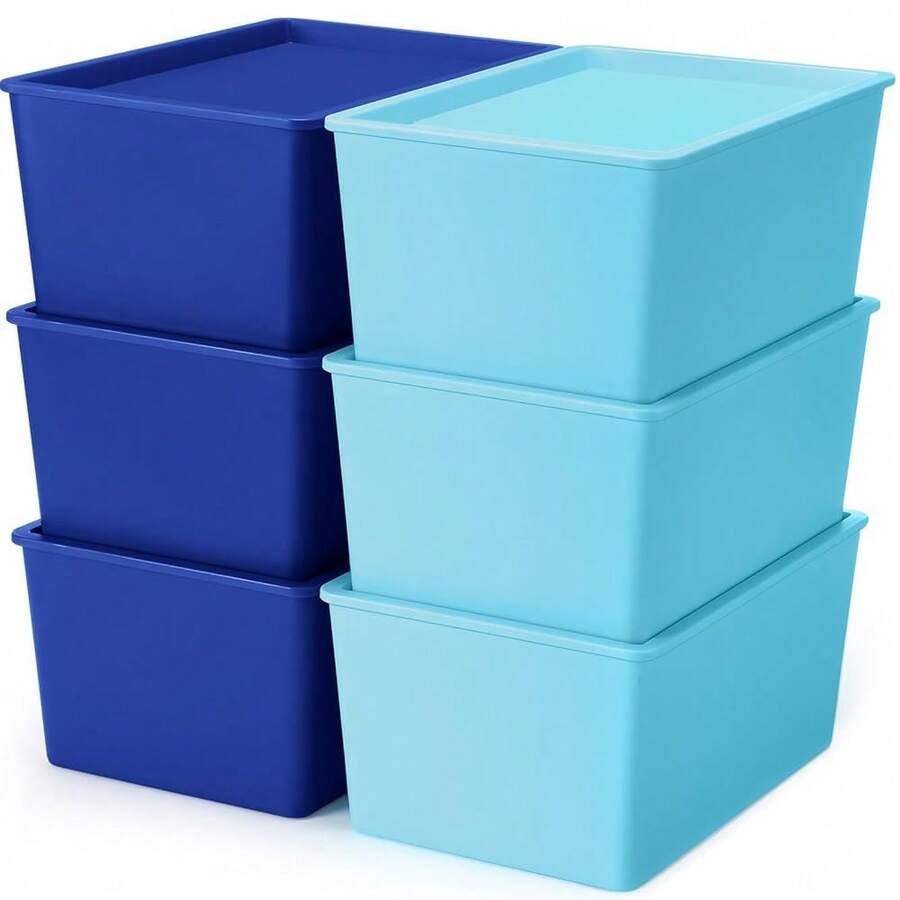 6 Pcs Storage Bins With Lids Small Plastic Storage Containers Stackable Storing Baskets Box Cute Organizer Bins For Organizing Shelves (Blue Series) - BlueSeries - View 1