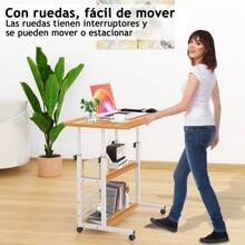 Mesa de Computadora Elevable con 3 Estantes, Altura Ajustable con Ruedas, Mesa Lateral Móvil para Dormitorio y Oficina, 60*40cm - Mostaza Amarilla - Ver 5