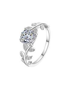 Anillo de cobre con circonita cúbica con diseño de hoja elegante en caja de regalo, joyería versátil para mujeres en bodas y fiestas, no se desvanece ni produce alergias, adecuado como regalo para la pareja o la madre - Plateado - Ver 6