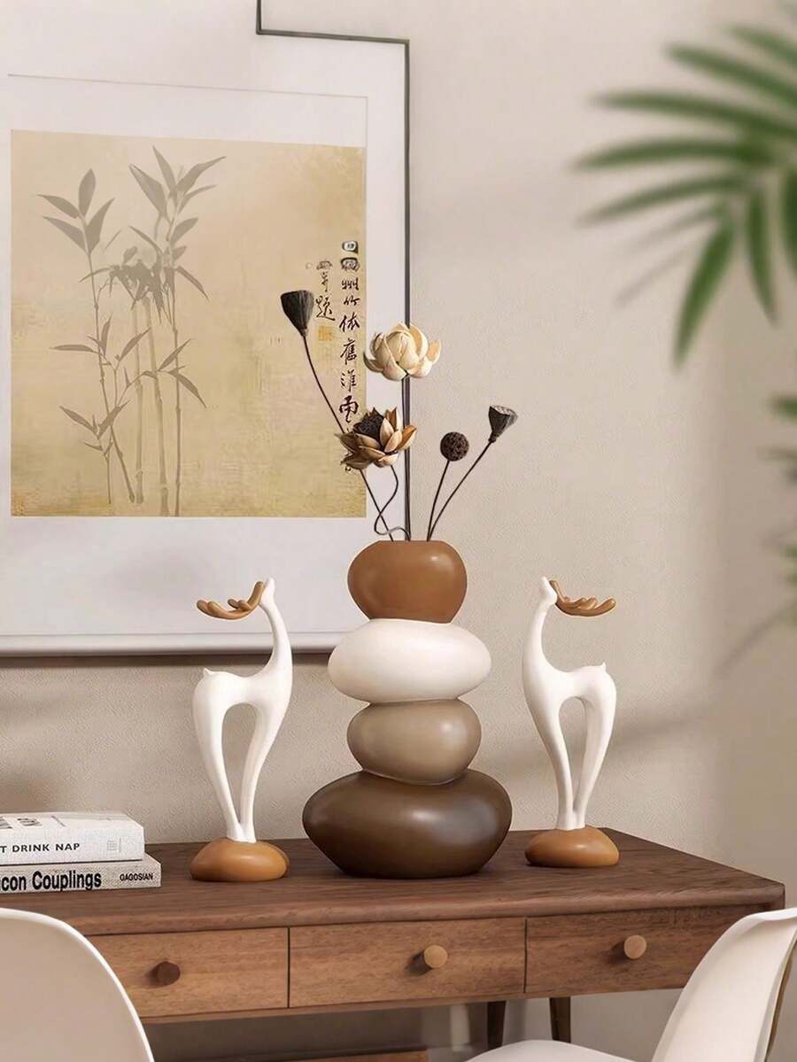 1件树脂雕塑叠鹿花瓶，几何石花瓶，时尚优雅设计，桌面摆件，适合作为家居和办公礼物，生日、毕业、圣诞节礼物，家居装饰，房间装饰，花瓶，玻璃花瓶 - 1PC - 查看 1
