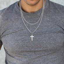 Men's Cross Pendant Necklace, Double-Layer Chain Cross Necklace, Multi Chain Stacked Cross Necklace, Minimalist Cross Jewelry, Basic Hip-Hop Necklace, Fashionable Stainless Steel Jewelry Gift For Him - Silver - View 1