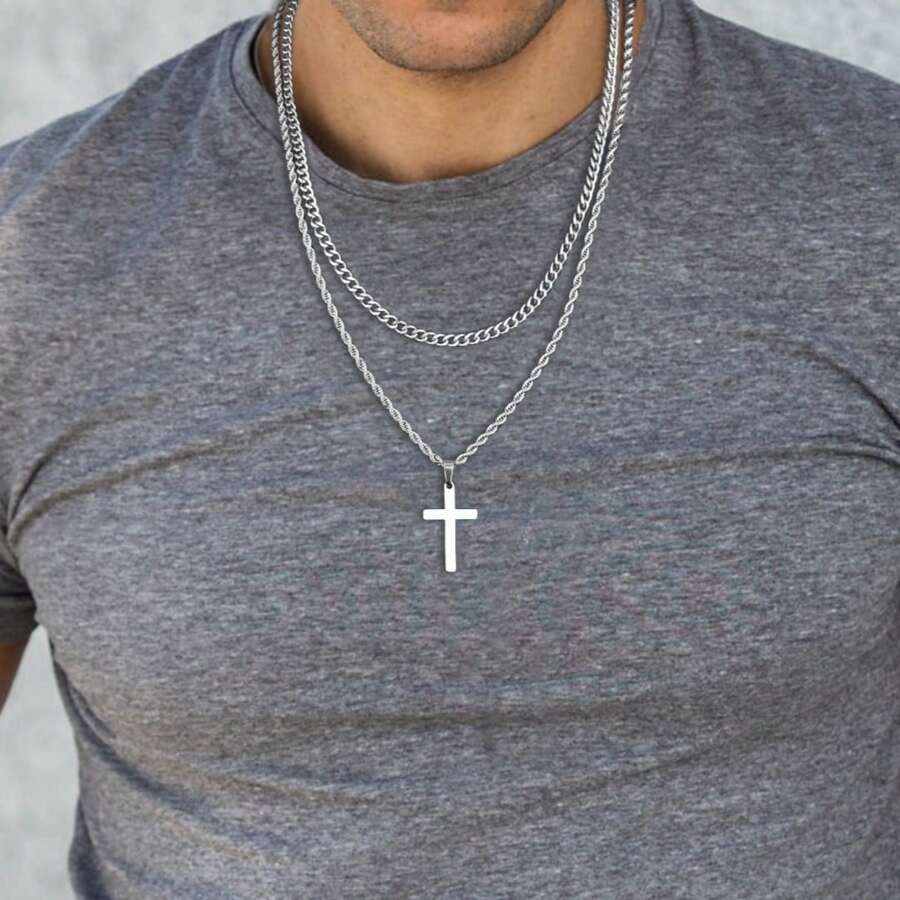 Men's Cross Pendant Necklace, Double-Layer Chain Cross Necklace, Multi Chain Stacked Cross Necklace, Minimalist Cross Jewelry, Basic Hip-Hop Necklace, Fashionable Stainless Steel Jewelry Gift For Him - Silver - View 1