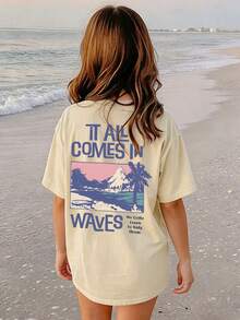 Camiseta de manga corta con cuello redondo y estampado casual para niñas preadolescentes y estudiantes, top de verano - Albaricoque - Ver 9