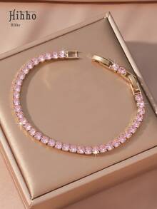 Hihho 1入組奢華方晶鋯石裝飾手環適合女士適合派對 - 粉色 - 查看 10