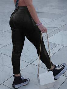 Women's Mid-Rise PU Leather Slim-Fit Trousers For Spring And Summer, Featuring Slanted Pockets, For An Elegant Look. - Black - View 2