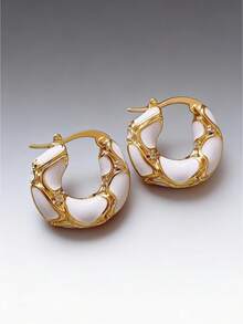 Elegant Minimalist Hoop Earrings |   Designer Wave Pattern With White Enamel & Gold Finish |   Lightweight Luxury Everyday Jewelry - White - View 2