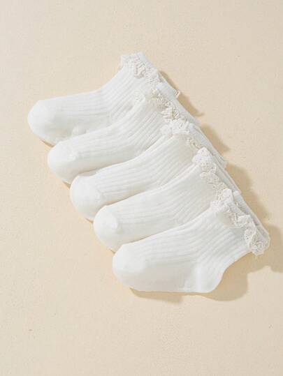 1/5 Pairs Spring/Summer Baby/Kids New White Lace Trim Short Socks, Fashionable Retro Soft Breathable Casual Socks, Suitable For Students Daily Wear, Holidays, Trips, Back To School, Campus, Sports, Home, And Gift