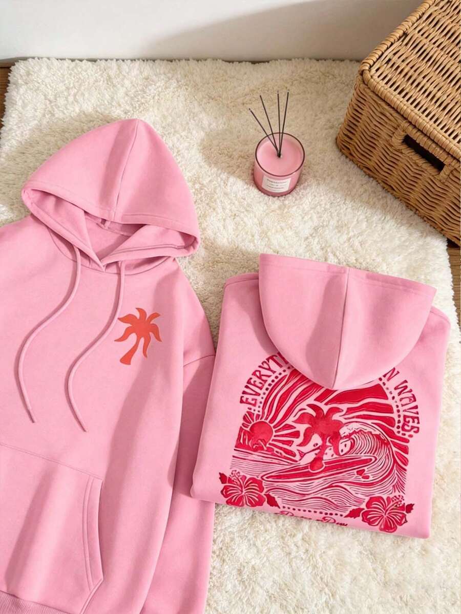 Sweatshirt For Teenagers And Adults, Gift For Women, Women's Spring/Autumn Hooded Sweatshirt Long Sleeve Graphic Print Drawstring Hoodie1 - Hồng - Xem 1
