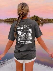 Summer Tops Mother's DayWomen's New Summer Casual Round Neck Short Sleeve T-Shirt, Simple Versatile Palm Tree Slogan Print, Suitable For Daily Wear. Graphic Tee, Women's T-Shirt Top Vacation.Loose And Comfortablesummer Clothes Easter - 深灰色 - 查看 7