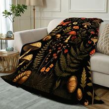 Nature-Themed Mushroom & Flower Print Blanket, Whimsical Forest Ecosystem Design With Butterfly/Snail/Beetle - Lightweight For Picnics, Camping, Decor, Held By Couple - Vibrant Black Background, - 白色 - 查看 2