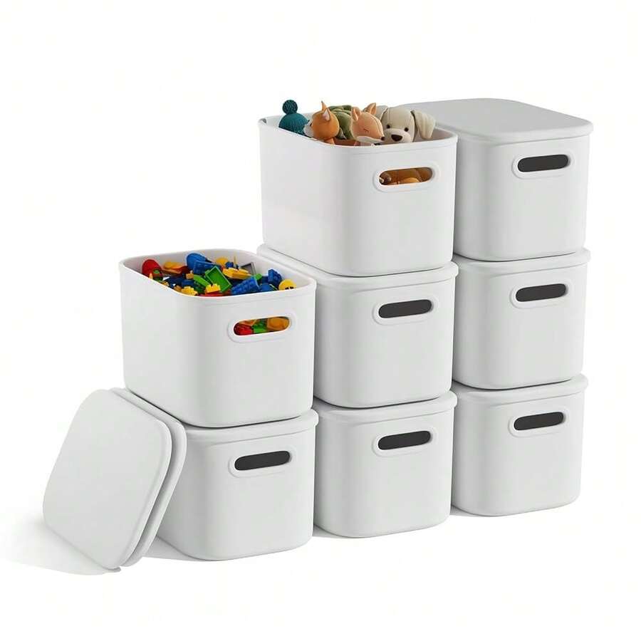 8 paquete de contenedores de almacenamiento blancos con tapas para estantes, contenedores de almacenamiento blancos con tapas para organizar, caja de almacenamiento con asa, cubeta de plástico apilable blanca para el aula, manualidades, aperitivos - Blanco - Ver 1