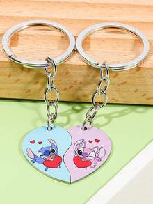 2个/套 卡通可爱莉萝与史迪奇不锈钢钥匙扣，卡哇伊心形情侣钥匙扣，适合日常佩戴或作为礼物，情人节礼物 - 彩色 - 查看 5