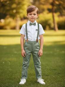 BOARNSEORL 两件套男童绅士套装 - 白色短袖衬衫配领结和绿色背带裤，适合生日派对、婚礼、节日活动等场合。 - 綠色 - 查看 1