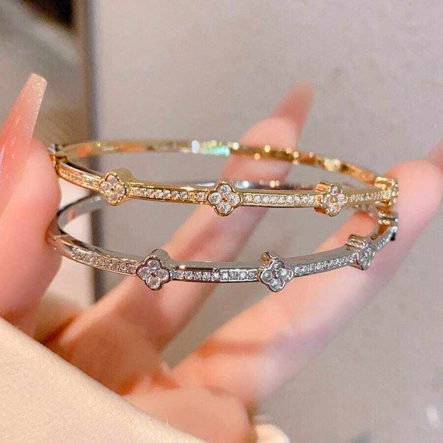 1pc 18K Gold Plated Copper Four-Leaf Clover Encrusted With Cubic Zirconia Bracelet, Suitable For Daily Wear And Holiday Gifts - Multicolor - View 1