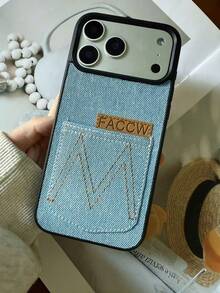 Minimalist Fashion Personalized Letter Embroidery Phone Case Compatible With Iphone 13 Pro Max, 14 Pro Max, 15 Pro Max, 16 Pro Max, 17 Pro Max - Blue - View 5