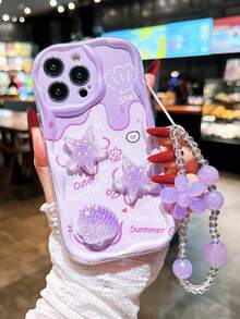 Gradient Cartoon Accessories + Floral Chain Colorful Cream Wavy Printed Protective Phone Case, Starfish & Shell Decals, Compatible With Iphone 15, 14, XR/7/8 Colorful Painted Anti-Drop Creative Phone Case, 15 Pro Max, 13, 14, 11 Soft Case, P12 Anti-Drop, XS Straight Edge Painted