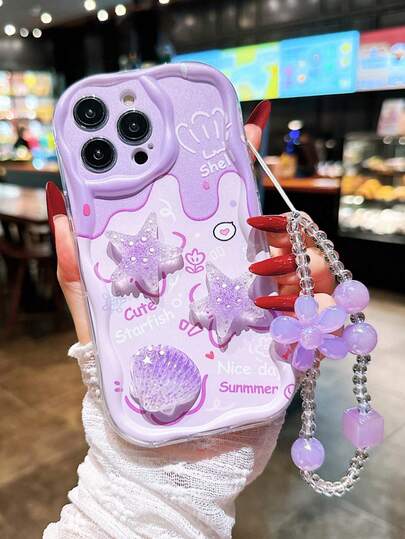 Gradient Tecknade Tillbehör + Blommig Kedja Färgglatt Krämfärgat Vågigt Tryckt Skyddande Telefonskal, Sjöstjärnor & Snäckor Dekaler, Kompatibelt Med 15, 14, XR/7/8 Färgglatt Målat Anti-Drop Kreativt Telefonskal, 15 Pro Max, 13, 14, 11 Mjukt Skal, P12 Anti-Drop, XS Rak Kant Målad