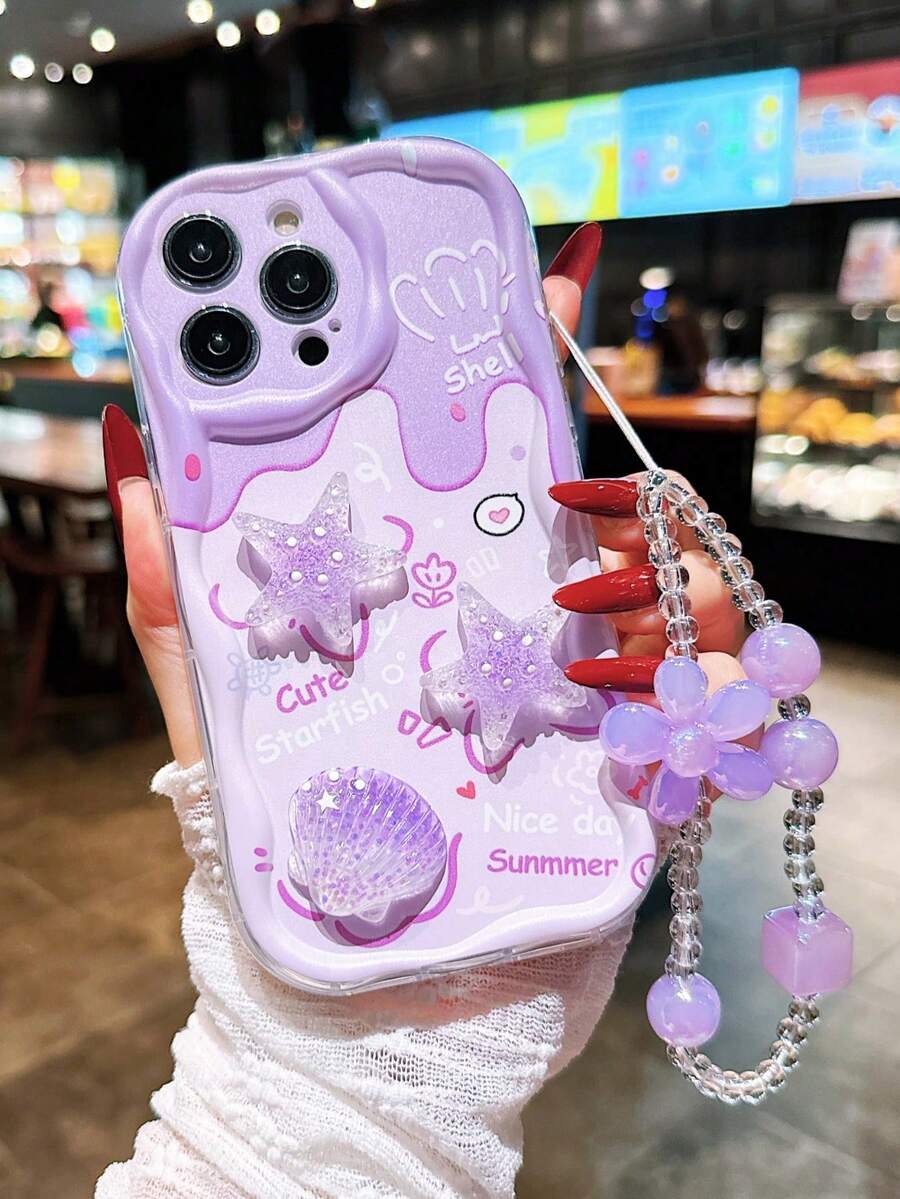 Gradient Cartoon Accessories + Floral Chain Colorful Cream Wavy Printed Protective Phone Case, Starfish & Shell Decals, Compatible With Iphone 15, 14, XR/7/8 Colorful Painted Anti-Drop Creative Phone Case, 15 Pro Max, 13, 14, 11 Soft Case, P12 Anti-Drop, XS Straight Edge Painted