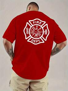 [Sporty T-Shirt]Men's Casual Fire Department Pattern T-Shirt- Bold Firefighter Print On Front And Back, Breathable Summer Short Sleeve Top, Regular Fit Round Neck, Machine Washable, Ideal Gift For Daily Comfort, Soft Texture, Printed Shirt, Adult Clothing, PLUS SIZERelaxed Plus Size T-Shirt - Đỏ - Xem 2