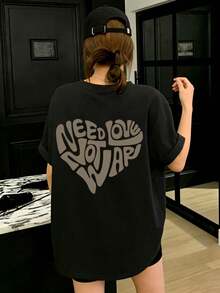 Black Graphic Print Round Neck Loose Casual T-Shirt For Women, Summer - Black - View 4