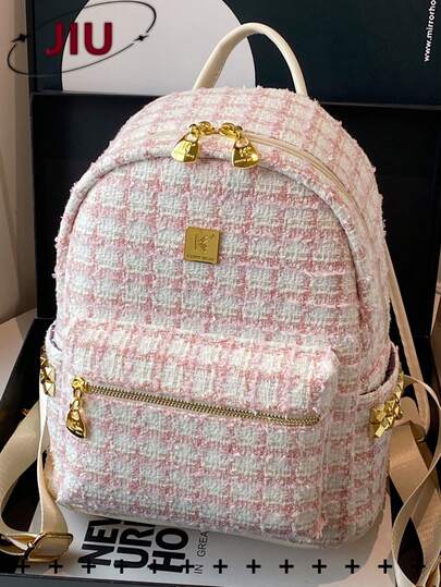 Y2K风格铆钉格纹尼龙双肩包，女士多功能时尚日用包，多口袋轻便旅行包，大容量简约书包，便捷书包，适合学生、护士、教师、商务人士、旅行度假、商务出行、日常通勤、购物、办公、约会、徒步、训练、工作、生日礼物、节日礼物。