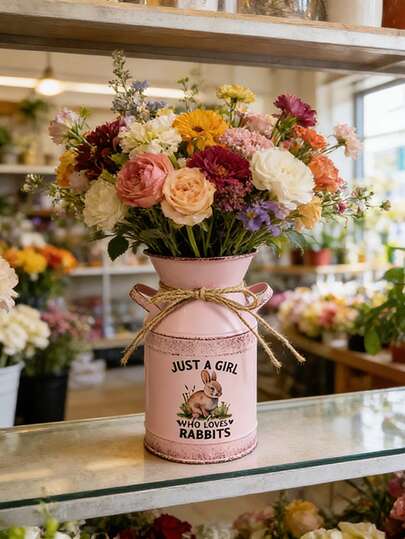 Vintage Style Pink Iron Flower Vase With Rope Decor, Retro Milk Can Shaped, "Love Rabbit Girl" Slogan And Cute Rabbit Pattern Design, Adorable For Girls