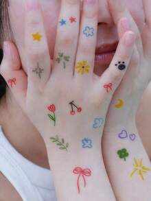 1片可重复使用的彩色迷你图案临时纹身贴纸，手指/手掌可爱装饰，防水防汗，持久耐用，适合女孩使用 - 彩色 - 查看 3