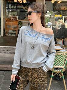 Women's Letter Print Oblique Shoulder Long Sleeve Casual Ribbed Sweatshirt, Everyday Wear - Grey - View 6