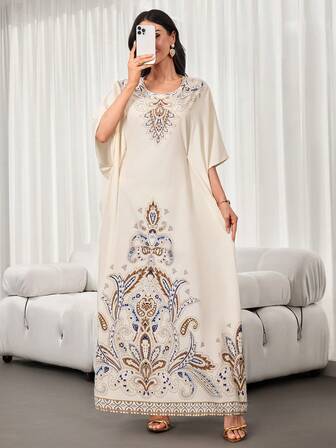 女士杏色印花连衣裙 – 休闲优雅，圆领，蝙蝠袖，宽松/系腰两穿法，无弹力，春夏款，日常穿着及新年装扮皆宜