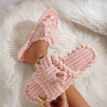 女士优雅蝴蝶结布艺贴花拖鞋，时尚休闲室内鞋，秋冬款 - 粉色 - 查看 2