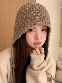 1顶女士针织帽，多功能流苏保暖头饰，复古红色头巾式帽子 - 彩色 - 查看 3