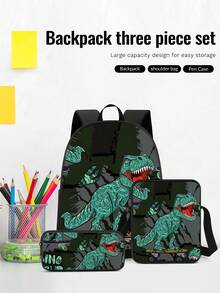 3pcs Boys' Backpack Set - Dinosaur Pattern Fabric, Large Capacity Multi-Function Zipper Closure, Casual Schoolbag, Suitable For Daily Use And Travel
