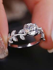 Anillo de cobre con circonita cúbica con diseño de hoja elegante en caja de regalo, joyería versátil para mujeres en bodas y fiestas, no se desvanece ni produce alergias, adecuado como regalo para la pareja o la madre - Plateado - Ver 3