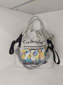 1 chiếc túi tote nylon dáng rộng, thêu hoa, nhẹ, có thể gấp gọn, dung tích lớn, dây đeo vai điều chỉnh được, thích hợp cho đi làm, đi biển, lễ hội, tiệc tùng. - Nhiều màu - Xem 8