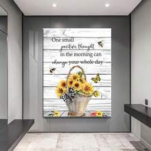 1pc Sunflower Rustic Wall Art Decor, Inspirational Farmhouse Canvas Print With Motivational Quote, Bees & Butterfly Floral Artwork For Living Room Bedroom Kitchen, Positive Thought Wood Grain. - 彩色 - 查看 5