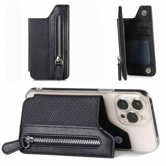 时尚手机壳，带卡槽，纤维纹理PU皮革背贴，拉链钱包，粘性通用桌面支架和底座