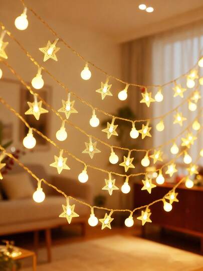 1串1.5米/3米/6米白色篮球星形LED灯串，家居装饰，圣诞节室内装饰灯，圣诞树装饰灯，卧室装饰，房间装饰，婚礼和生日派对装饰灯