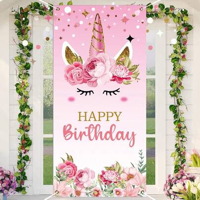 70x35 Inch 2D Door Curtain Unicorn Happy Birthday Backdrop, Pink Floral & Rainbow Unicorn Design - Pastel Magical Party Decor With Happy Birthday Banner, Suitable For Girls Birthday Party, Baby Shower, Princess Party Supplies - Paper/Polyester