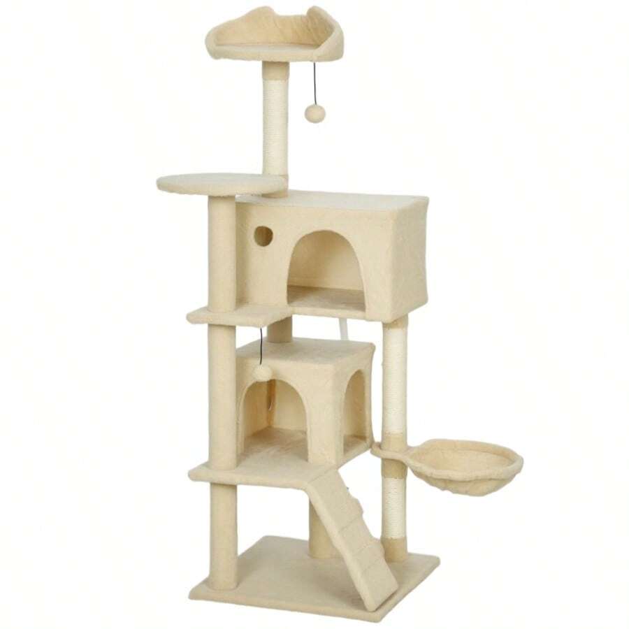 Cat Tree 140 Cm Cat Tower With Hammock, Ladder, Cave, 2 Plush Balls, Sisal Posts, 48 X 48 X 140 Cm, Beige - Ginger - View 1