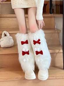 1双日式毛绒腿套，可爱白色女士腿套 - 白色 - 查看 4